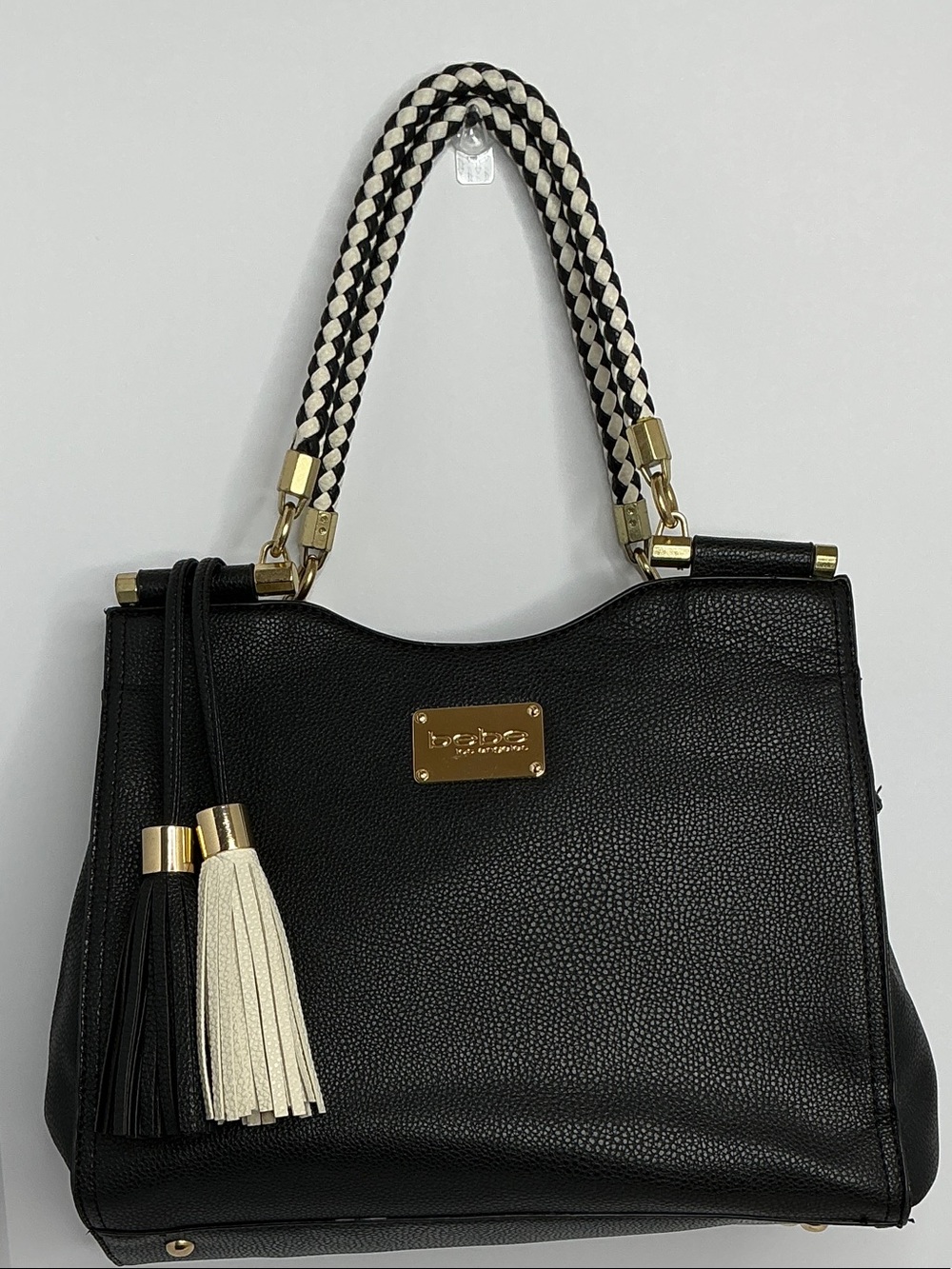 bebe Black Tote with Braided Cream-and-Black Handles